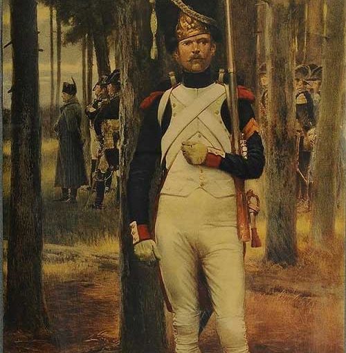 Illustration of Napoleon grenadier standing in the forest