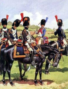 Illustration of French grenadiers on horseback in a field, with trumpeter