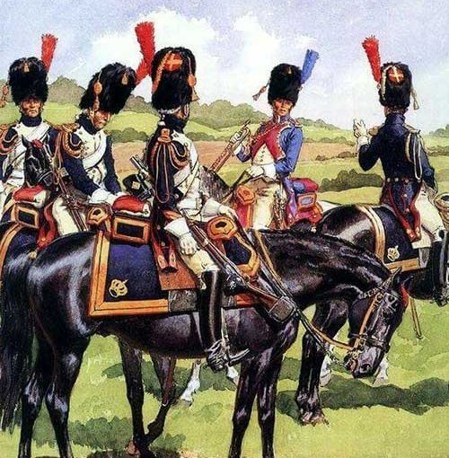 Illustration of French grenadiers on horseback in a field, with trumpeter